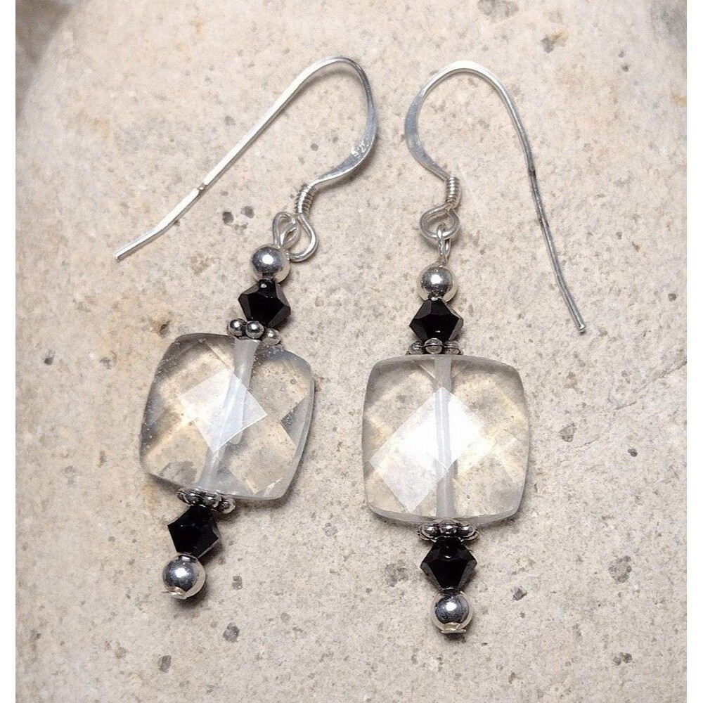 Sterling Silver Rock Crystal Square Black Beaded Dangle Earrings Vintage